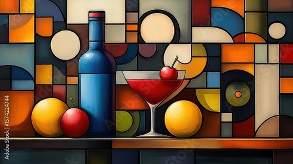 Obraz Abstract Still Life with Blue Bottle Red Martini and Yellow Oranges on Geometric Color Block Backdrop