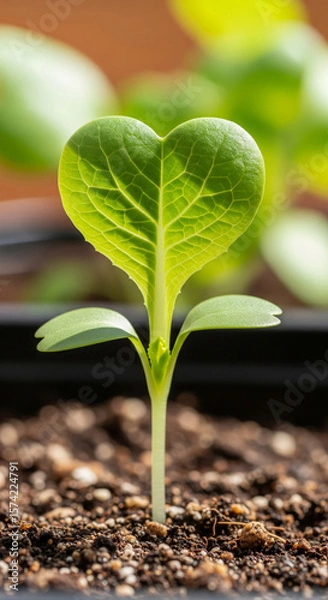 Fototapeta Photo of a young green seedling with a heartshaped leaf emerges from the rich soil, symbolizing new life and growth