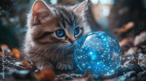 Obraz Adorable kitten with mesmerizing blue eyes gazes dreamily at glowing sphere in a mystic forest serene scene