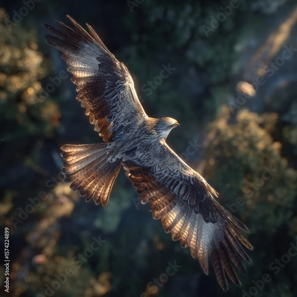 Obraz Majestic bird of prey gliding through the forest canopy in golden light aerial perspective nature wildlife