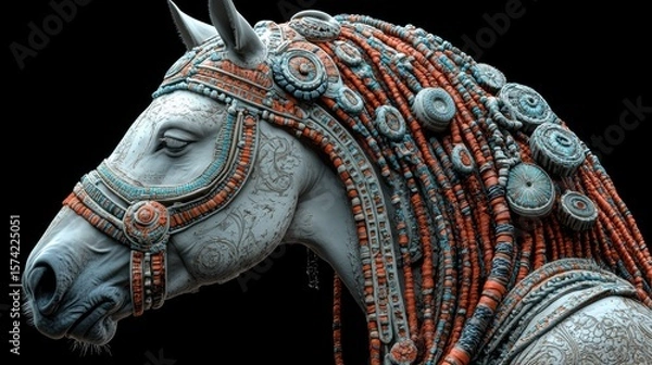 Obraz Elegant equine sculpture adorned with intricate details and artistic flair against a solid black background
