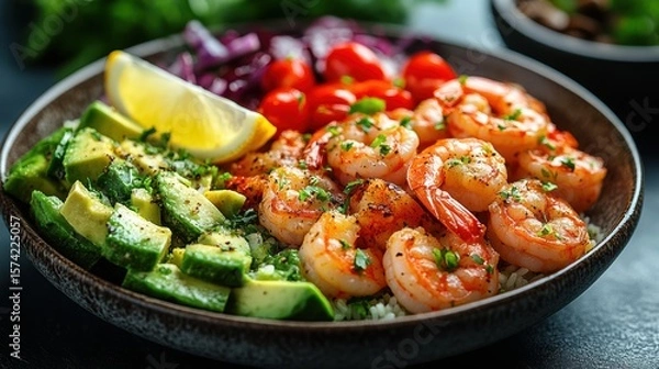 Obraz Bowl with Grilled Shrimp Avocado and Vegetables on a Dark Background High Angle View Food Photography