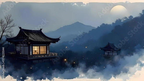 Obraz Minimalist Abstract Chinese Ink Background - Moonlit Pavilion Scene (Mountain View)