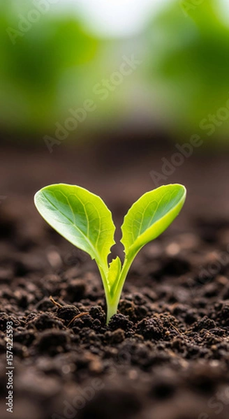 Fototapeta Photo of a delicate green sprout with two leaves pushes through dark soil, representing the beginning of new life and natural growth