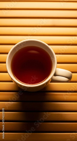 Fototapeta Photo of a steaming cup of dark tea rests on a textured wooden surface, offering a moment of warm relaxation and aromatic refreshment