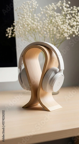 Fototapeta Photo of crisp white headphones are presented on a smooth wooden stand, set against a backdrop of a computer monitor and a vase of delicate white flowers, evoking a calm and organized atmosphere