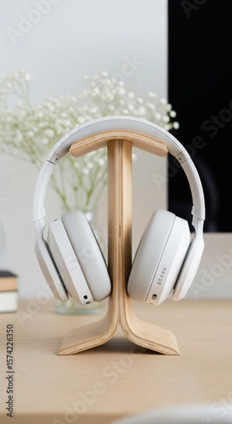 Fototapeta Photo of stylish white headphones rest elegantly on a natural wood stand, evoking a sense of modern audio enjoyment and focused listening
