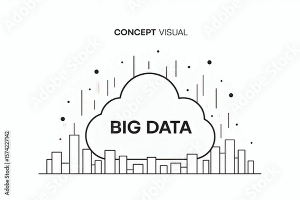 Fototapeta A white cloud with "BIG DATA" text, surrounded by abstract lines and dots, set against a city skyline, titled "CONCEPT VISUAL".