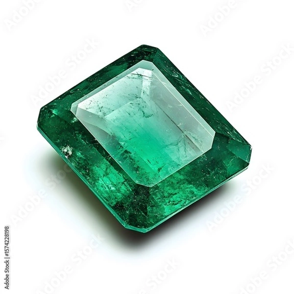 Fototapeta Brilliant square-cut green emerald gemstone on white background