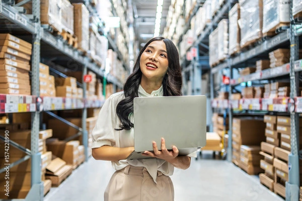 Obraz Engaging in meticulous inventory management, a young asian woman professional examines products while using a laptop computer, surrounded by organized shelves filled with boxes