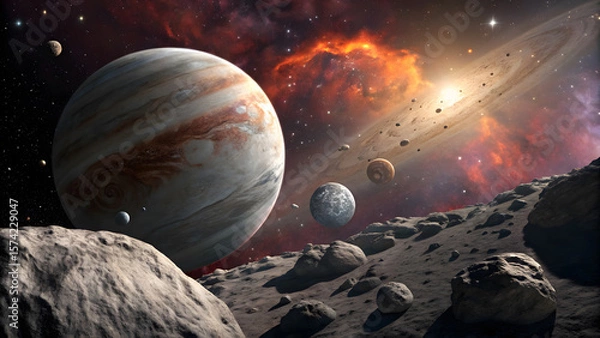 Fototapeta A view of jupiter and its moons from a rocky asteroid in deep space