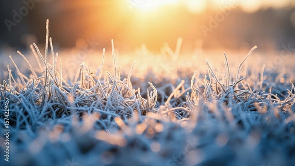 Fototapeta Close up of frosted grass blades with a warm golden sunlight in the background creating a soft blurred bokeh effect