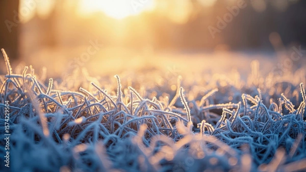 Fototapeta Close up of frosted grass blades with sunlight creating a warm golden glow in a blurred natural outdoor setting