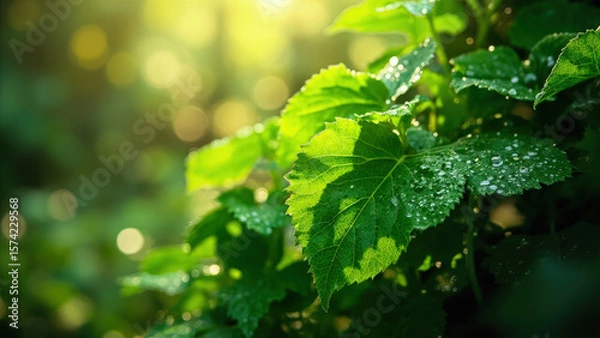 Fototapeta Close up of vibrant green leaves with water droplets illuminated by sunlight creating a natural bokeh effect in a garden setting