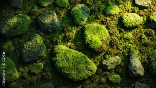 Fototapeta Close up view of green moss covered rocks and patches of brown moss creating a textured natural background