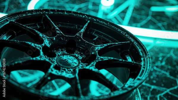 Fototapeta Close-up view of a black car wheel rim with a teal neon glow and abstract background pattern with water droplets