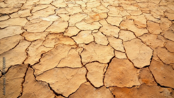 Fototapeta Cracked dry earth surface texture with brown and tan tones showing fissures and irregular shapes in a close-up perspective