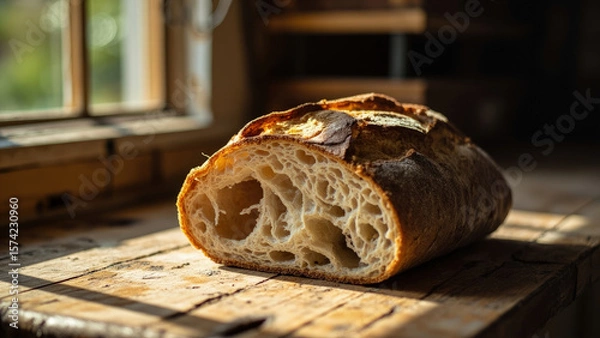Fototapeta Crusty loaf of bread cut open showing airy interior texture on a rustic wooden table near a window with sunlight