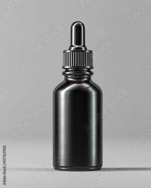 Fototapeta Side View of Matte Black Glass Dropper Bottle with Visible Pipette Tube and Drop