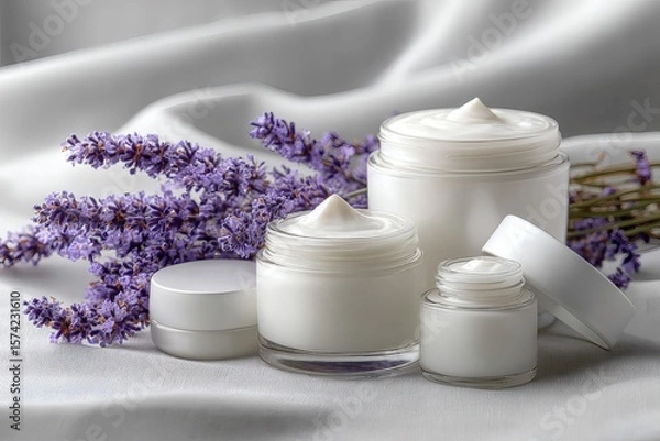 Fototapeta Open White Cream Jar with Lavender Blossoms on Draped Fabric