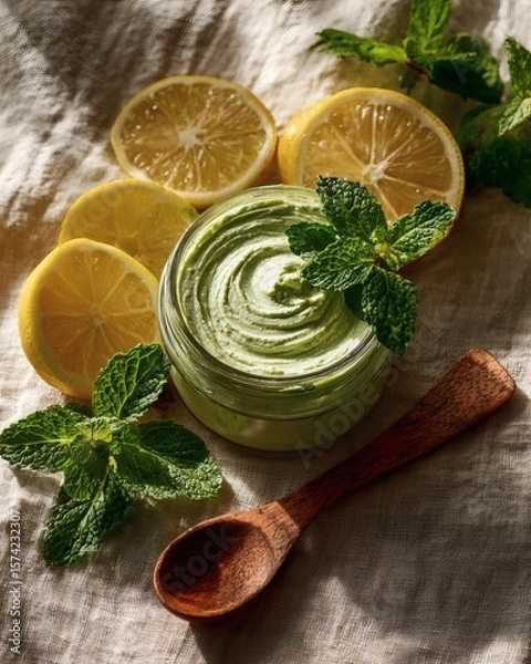 Fototapeta Overhead Shot of Creamy Green Clay Mask with Lemon Slices and Fresh Mint