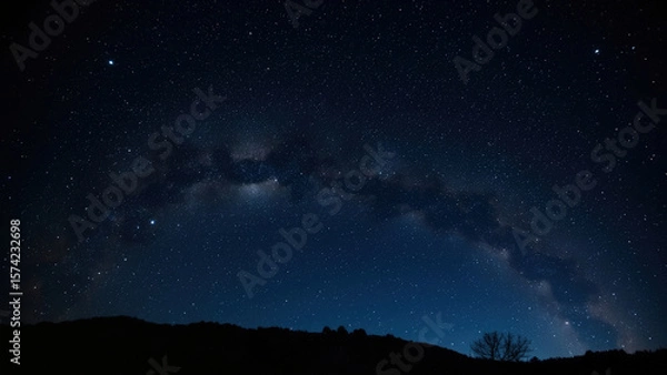 Fototapeta Night sky landscape silhouette with visible Milky Way galaxy and stars above a dark mountain range and tree