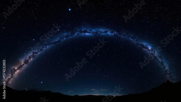 Fototapeta Night sky panorama showing the Milky Way arching across a dark blue expanse with numerous stars and a silhouetted mountain range