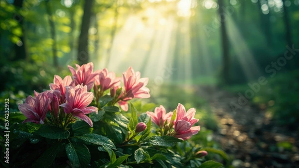 Fototapeta Pink azalea flowers blooming in a sunlit forest with a path and sunbeams shining through the trees creating a tranquil scene