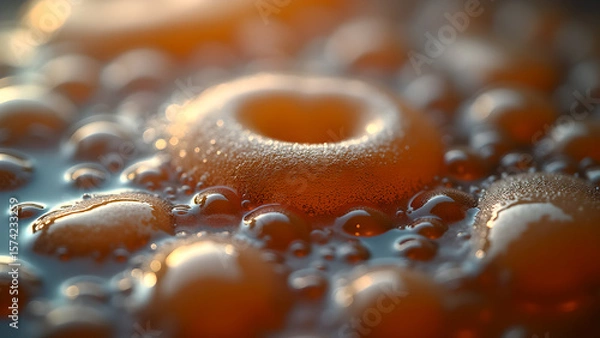 Fototapeta Abstract macro photography showcasing droplets and bubbles on a textured surface with soft focus