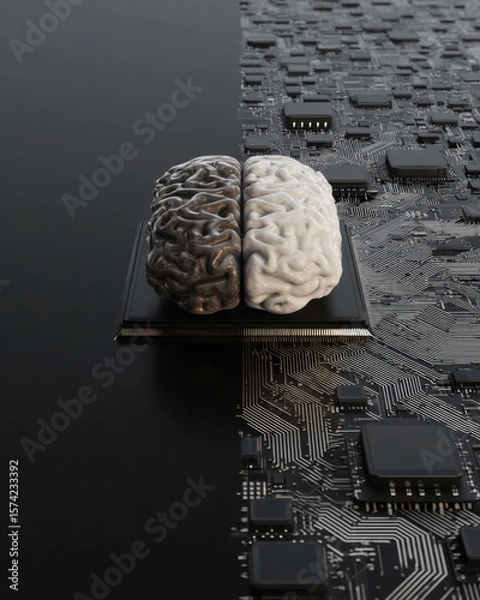 Fototapeta Human brain vs AI chip, moral choice in technology. A split-image contrasts the organic human brain and digital AI processor, visualizing the tension between natural intelligence and artificial logic.