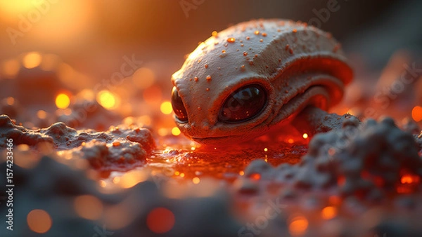 Fototapeta Close up of a curious alien creature emerging from a fiery landscape on another planet