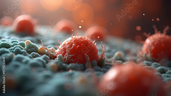 Fototapeta Detailed microscopic view of cancer cells with spikes, showcasing the complexity of biological structures and cellular processes