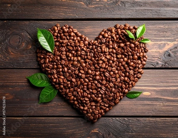 Fototapeta Heart Shaped Coffee Beans On Rustic Wooden Background