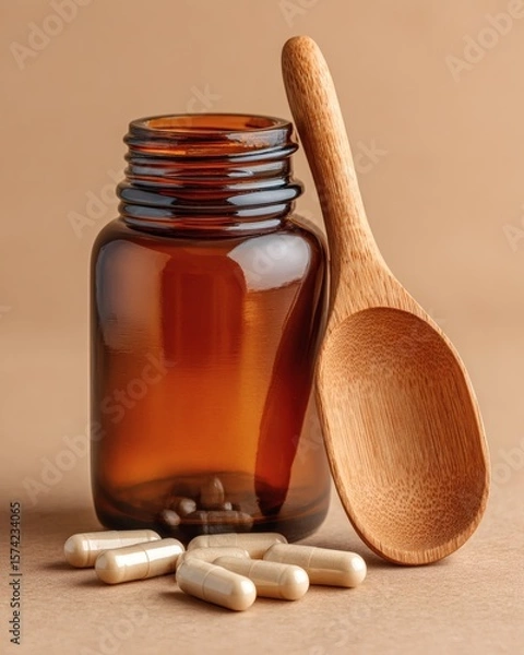 Fototapeta Rustic Amber Jar of Natural Herbal Capsules on Neutral Backdrop