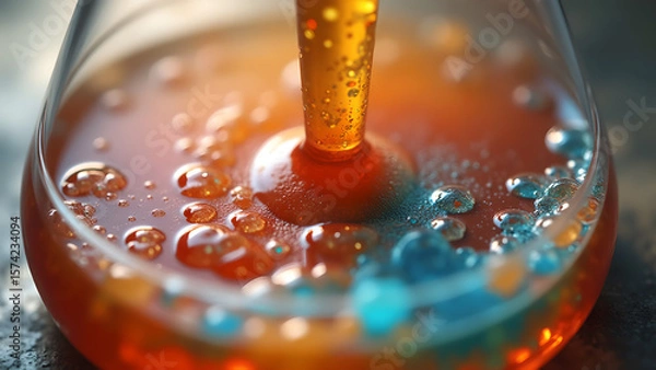 Fototapeta Close up shot of a science experiment liquid mixing in a glass container with bubbles