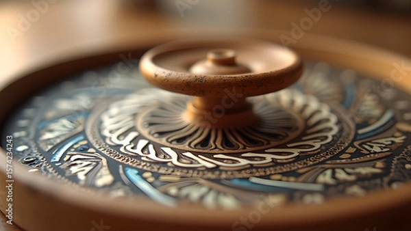 Fototapeta An old wooden box with intricate decorative lid design and handle displaying cultural heritage for home décor