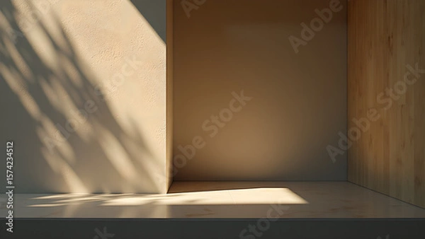 Fototapeta A minimalist architectural interior featuring natural light and leaf shadows creating a serene and inviting atmosphere inside the room