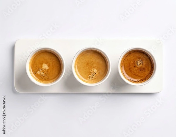 Fototapeta Three Espresso Cups On White Tray