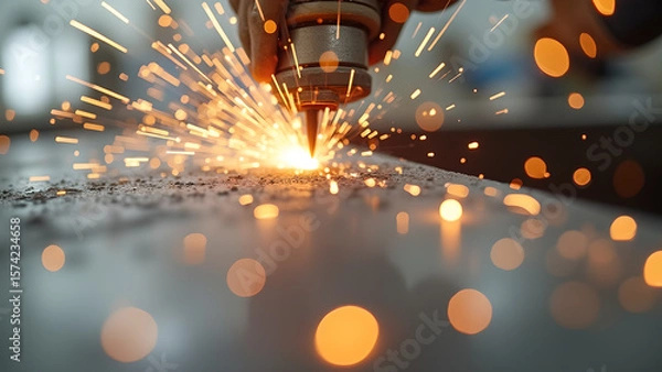 Fototapeta Captivating close up of laser cutting with bright sparks flying and blurred bokeh background showcasing precision and craftsmanship