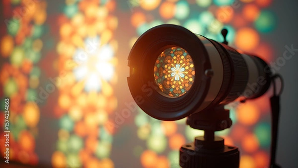 Fototapeta A mesmerizing kaleidoscope projector displays an intricate pattern of light and color illumination and imagination