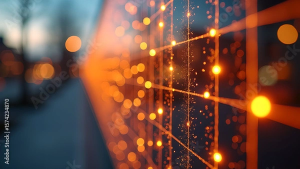 Fototapeta Abstract background with glowing orange lights and grid lines creating a modern technology feel and atmosphere