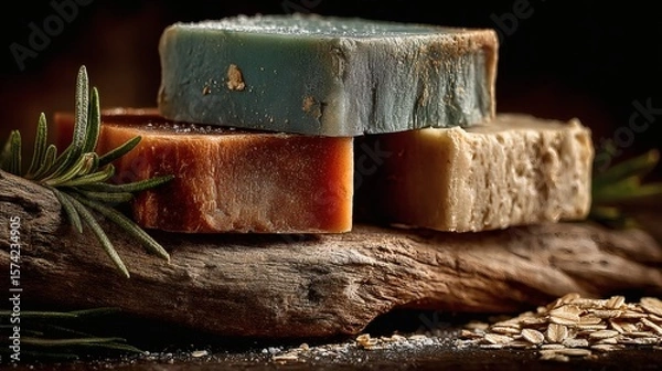 Fototapeta Handmade Soap Bars with Oats and Herbs Arranged on Wooden Board
