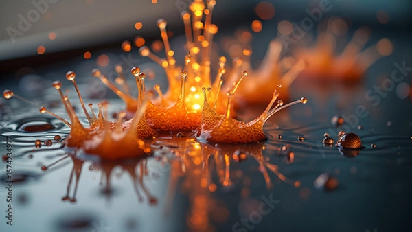 Fototapeta Captivating moment orange liquid splash on a dark surface reflects light creating stunning visual effect that mesmerizes viewers