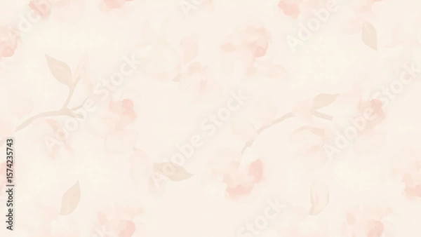 Fototapeta Watercolor floral pattern in soft pink and beige with blurred blossoms and leaves on a light background