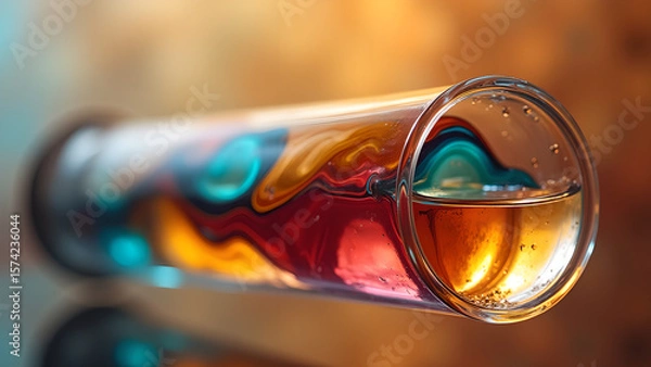Fototapeta Horizontal glass tube filled with vibrant liquid, showcasing artistic patterns and reflective clarity in close up detailed macro view