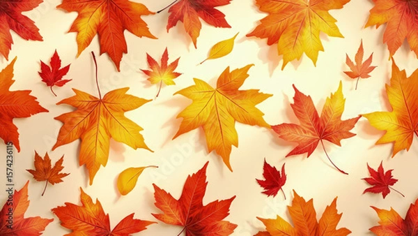 Fototapeta Autumnal arrangement of vibrant red orange and yellow maple leaves scattered on a light beige background with soft shadows