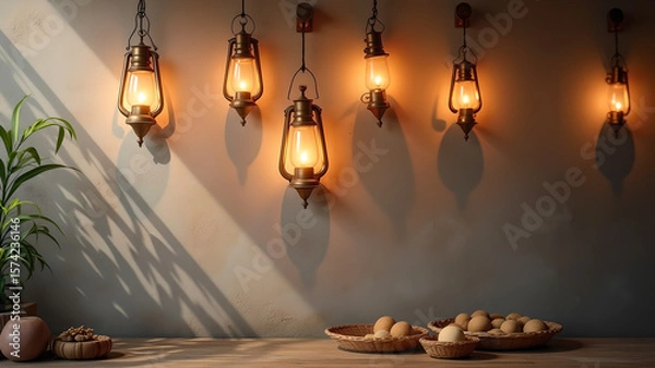 Fototapeta Vintage lanterns light the scene with natural light illuminating plant and eggs in basket providing calm aesthetic