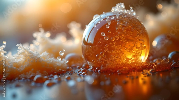 Fototapeta Golden orb glistening with moisture illuminated by warm light creating a mesmerizing visual experience with droplets