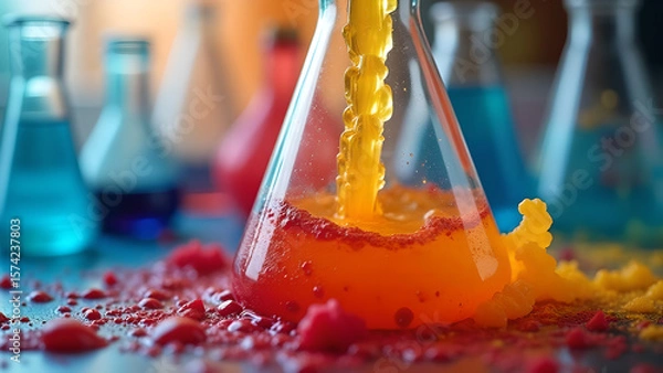 Fototapeta Laboratory glassware with colorful liquids and spills conveying scientific experimentation and chemical reactions or research