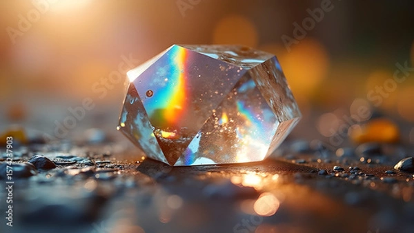Fototapeta Captivating gemstone resting on a shimmering surface casting vibrant rainbow reflections in the bright sunlight creating a mesmerizing effect